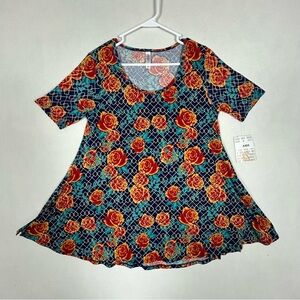 LuLaRoe NWT Perfect T Slit Tunic Women’s XS Roses Floral Geometric Blue Red